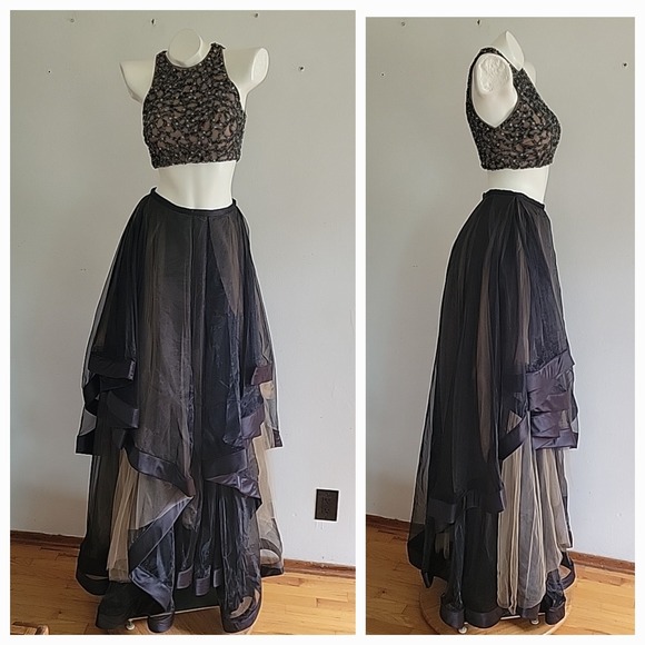 Terani Couture Dresses & Skirts - Terani Couture Gown 2 Black Two Piece Beaded High Neck Crop Top Organza Skirt